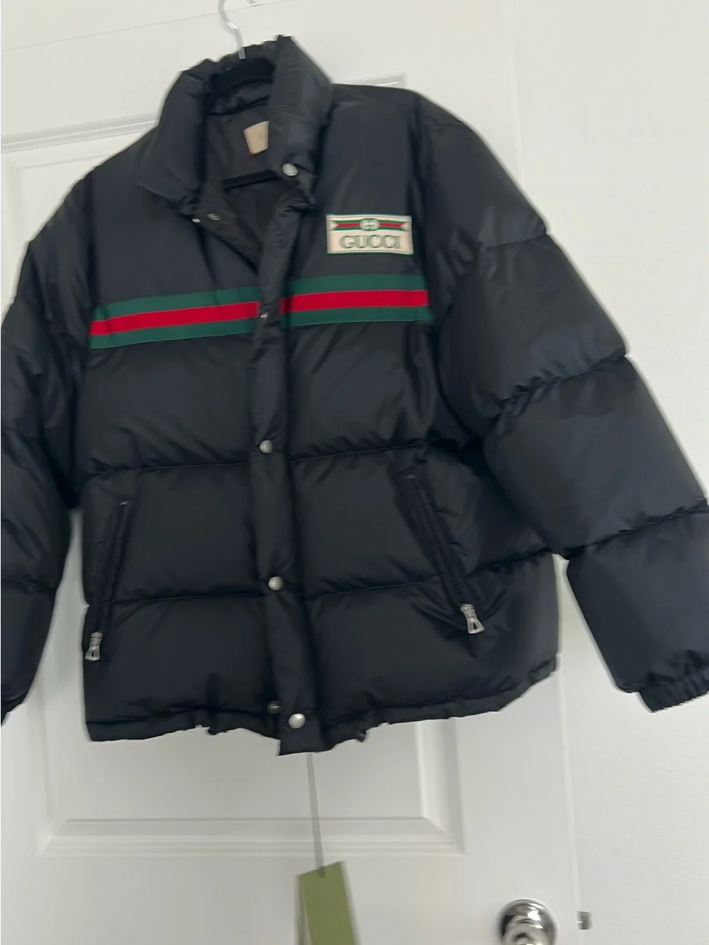 Gucci Black Puffer Jacket with Green and Red Web Stripe